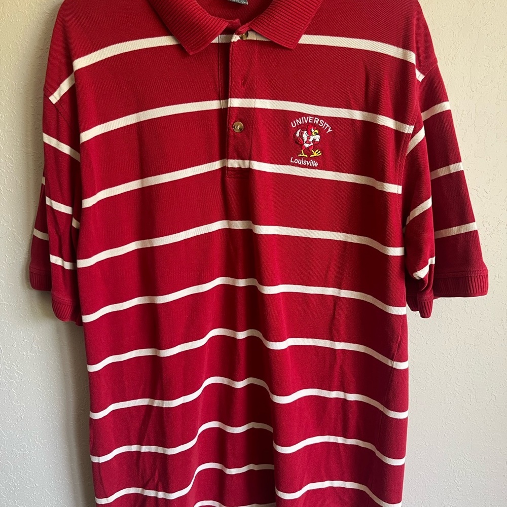 Men’s L Retro Red/White Striped Antigua Louisville Cardinals Short Sleeve Polo